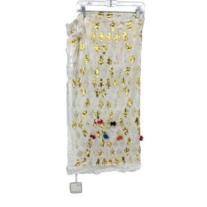 Shiraleah Cactus Print Scarf Ivory Metallic Gold Pom Poms 36" X 68" NEW